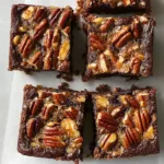 Close-up image of fudgy pecan pie brownies topped with whole pecans and caramelized pecan filling, cut into squares and arranged on parchment paper.