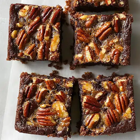 Close-up image of fudgy pecan pie brownies topped with whole pecans and caramelized pecan filling, cut into squares and arranged on parchment paper.