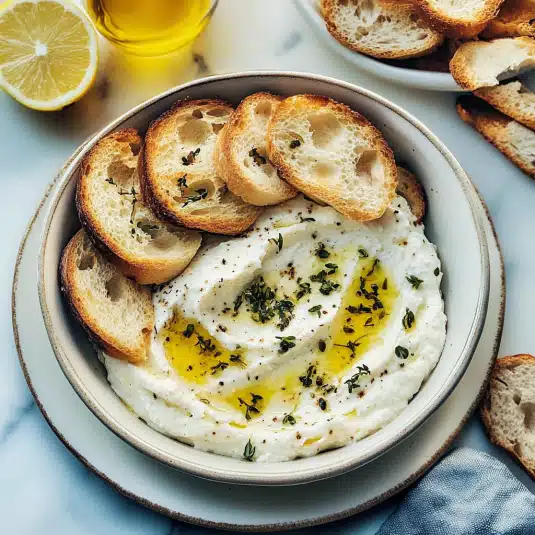 whipped ricotta dip drizzled with olive oil and sprinkled with herbs and black pepper,