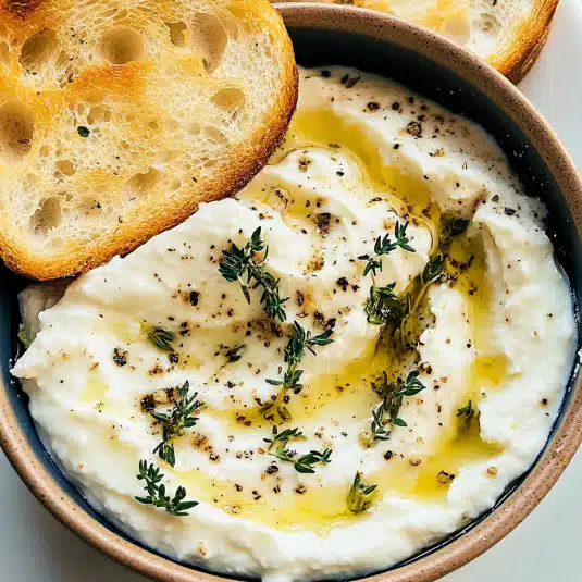whipped ricotta dip drizzled with olive oil and sprinkled with herbs and black pepper, served with toasted bread slices.