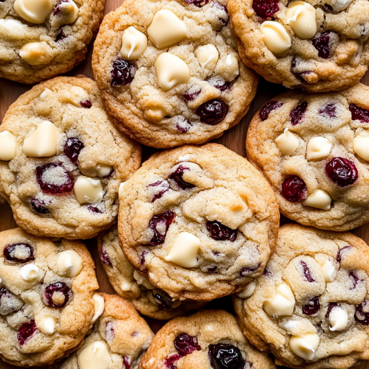 Freshly baked white chocolate cranberry cookies stacked on a plate, showing golden edges, melted white chocolate chips