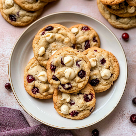 Freshly baked white chocolate cranberry cookies stacked on a plate