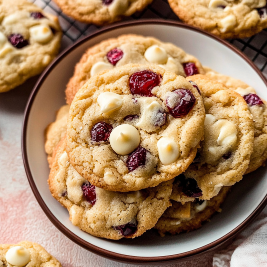 Freshly baked white chocolate cranberry cookies stacked on a plate, showing golden edges, melted white chocolate chips, and vibrant dried cranberries