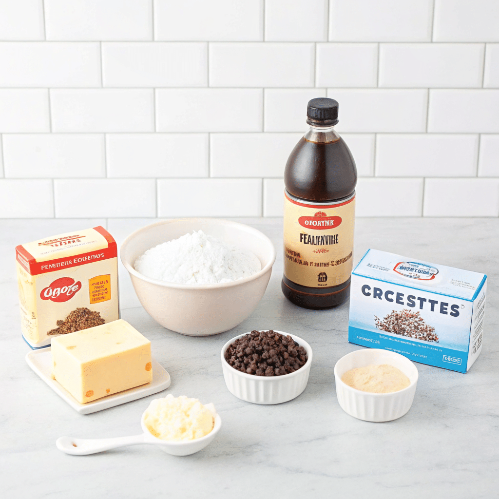 Chocolate chip dip ingredients neatly arranged on a white counter — cream cheese, butter, powdered sugar, brown sugar, vanilla extract, and mini chocolate chips ready to mix.