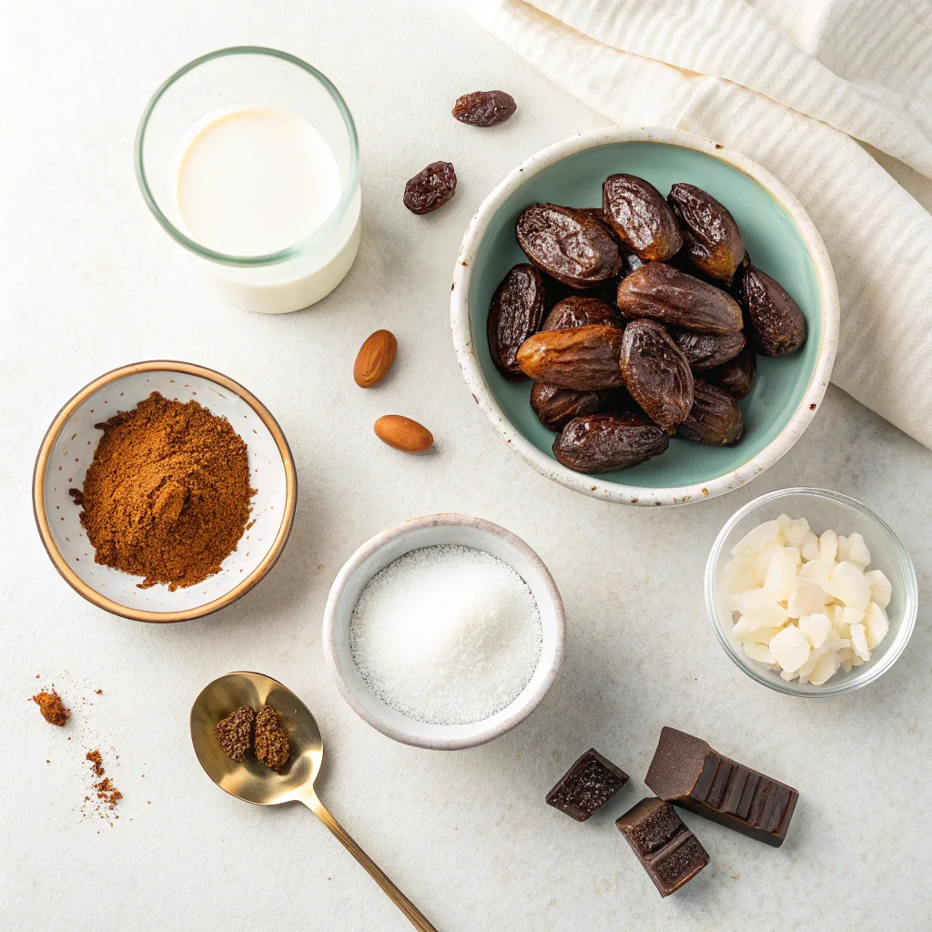 Ingredients for making date caramel laid out on a light surface, including dates, milk, sugar, spices, nuts, and chocolate
