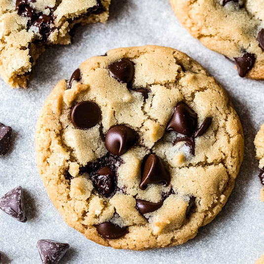 chocolate chip cookies with melted chocolate chunks on a marble surface