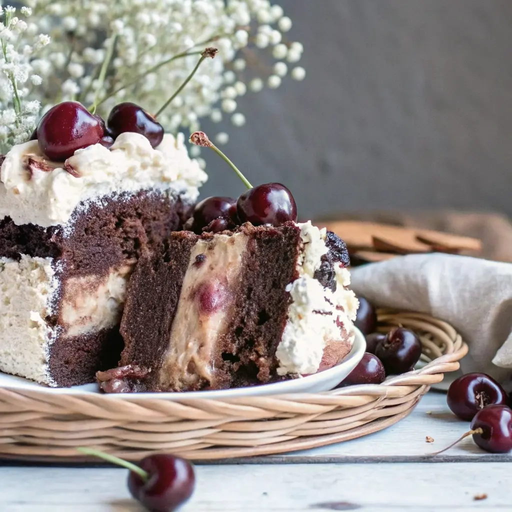 Chocolate cherry  cake topped with fresh cherries and piped cream