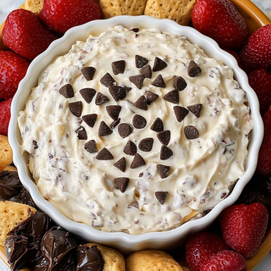 Bowl of creamy cannoli dip topped with chocolate chips,