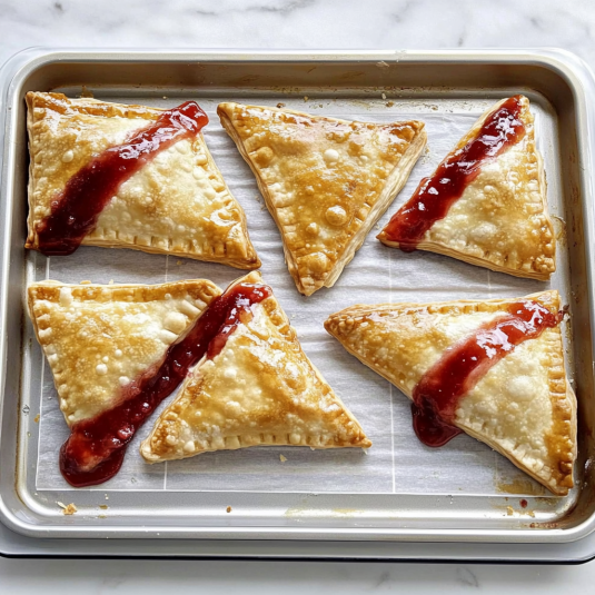 cherry turnovers on a white plate, showing flaky golden pastry filled with bright red cherry filling.