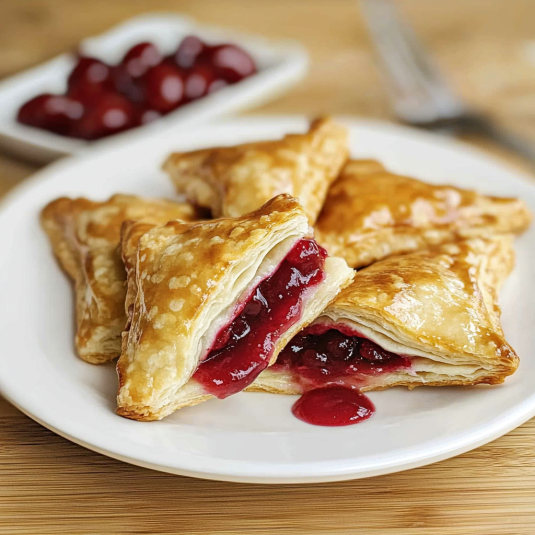 Freshly baked cherry turnovers on a white plate, showing flaky golden pastry filled with bright red cherry filling.