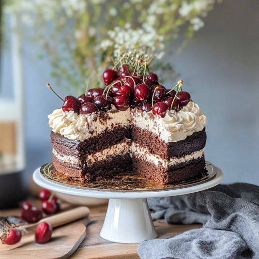 Chocolate cherry cake topped with fresh cherries and piped cream, displayed on a white cake stand with a slice removed.