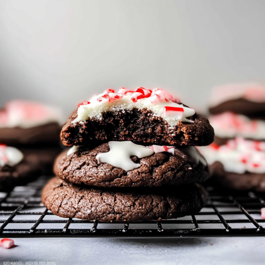 Cooling rack filled with chocolate peppermint cookies topped with white peppermint frosting