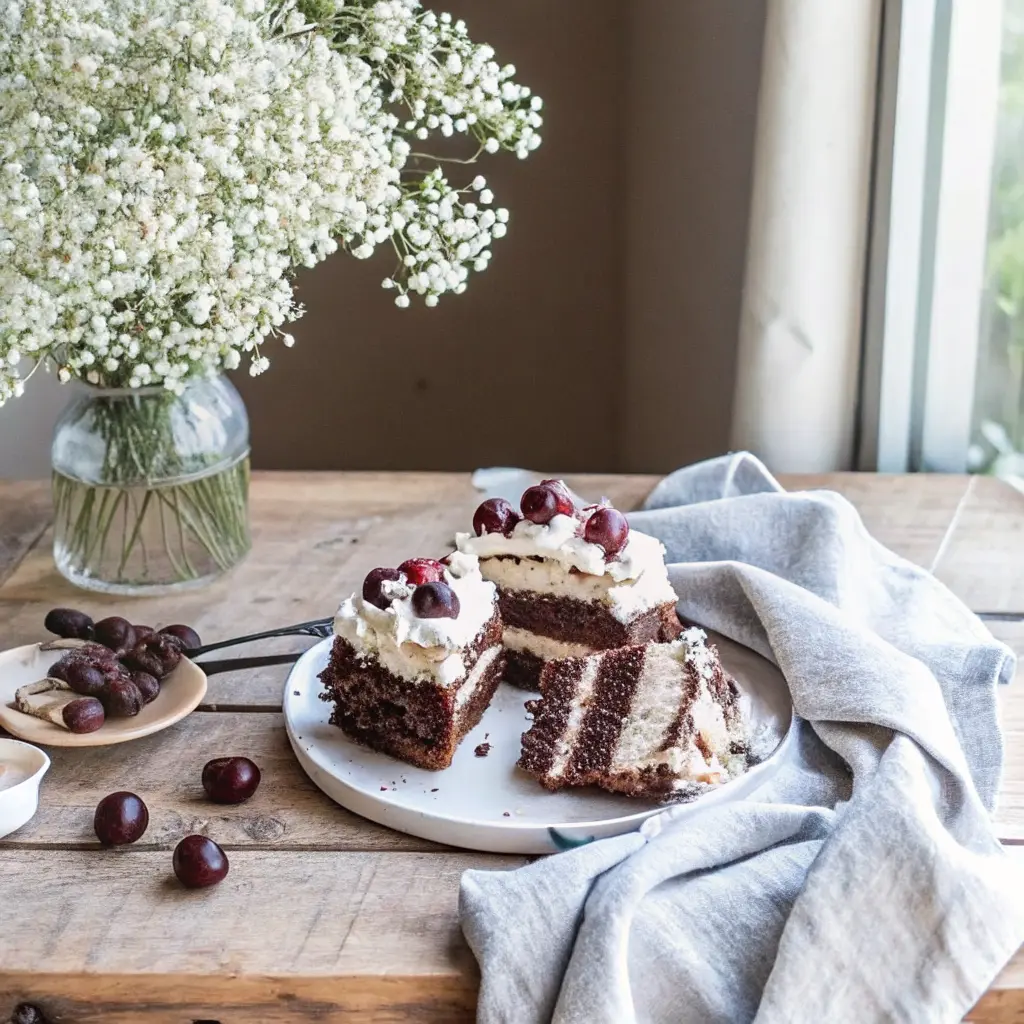 Layered chocolate cherry cake filled with cream and topped with whole fresh cherries on a white cake stand.