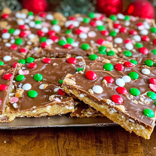 Christmas Crack made with saltine crackers, buttery toffee, melted chocolate