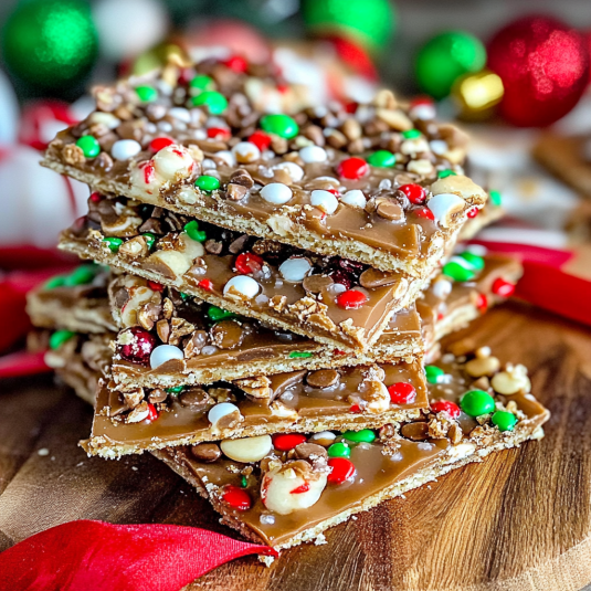 Christmas Crack made with saltine crackers, buttery toffee, melted chocolate, and festive holiday toppings