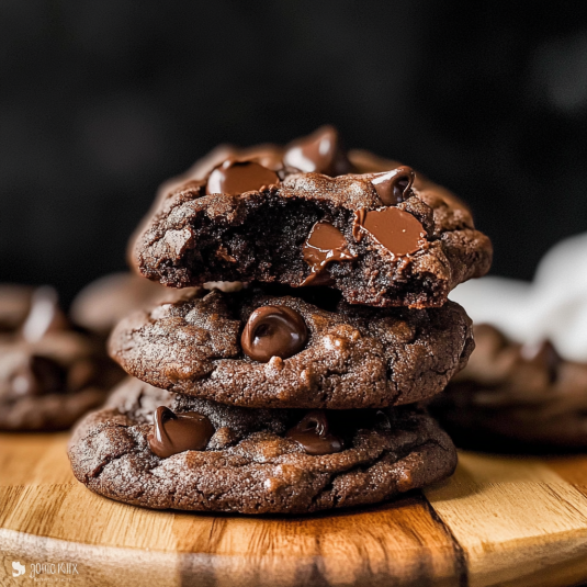 double chocolate chip cookies with rich cocoa dough and melted chocolate chips