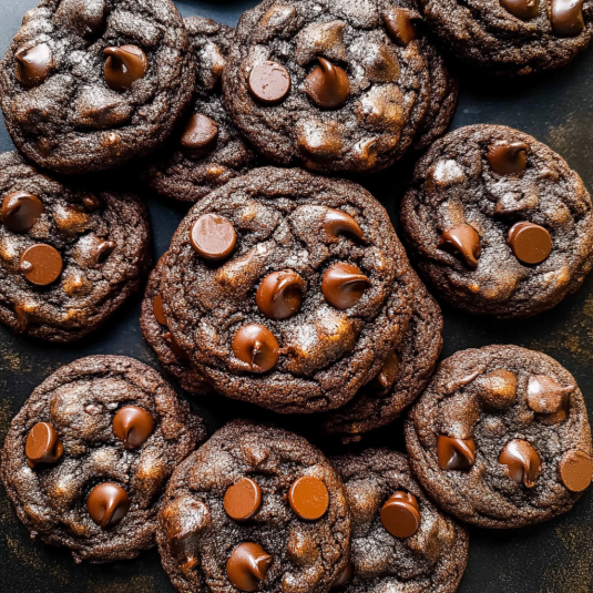 Freshly baked double chocolate chip cookies with rich cocoa dough and melted chocolate chips