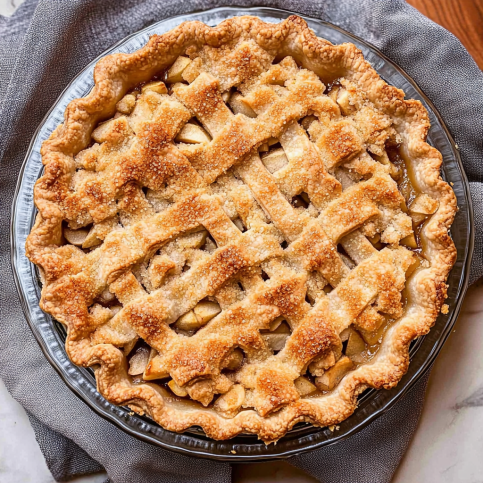 Homemade Dutch apple pie with a golden lattice crust and cinnamon apple filling