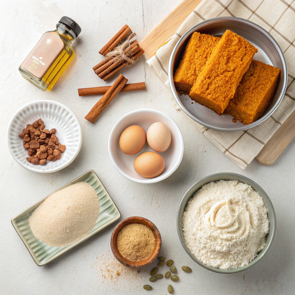 Pumpkin bars ingredients including pumpkin puree, eggs, flour, sugar, cinnamon sticks, cardamom, and vanilla arranged on a light surface