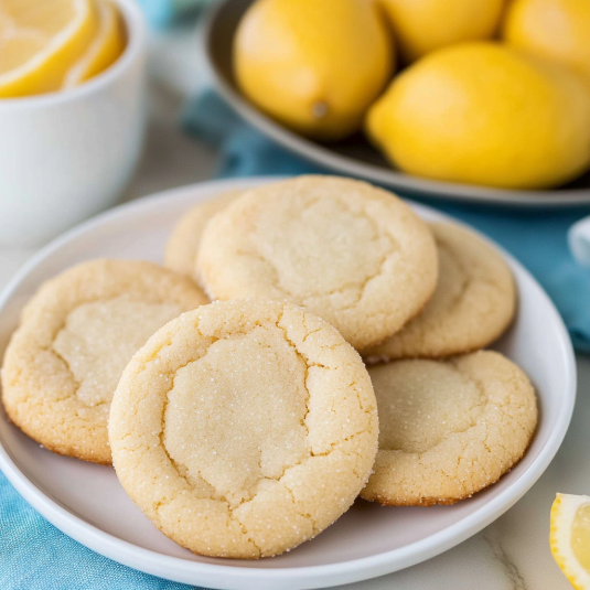 lemon sugar cookies stacked on parchment paper with fresh lemon in the background
