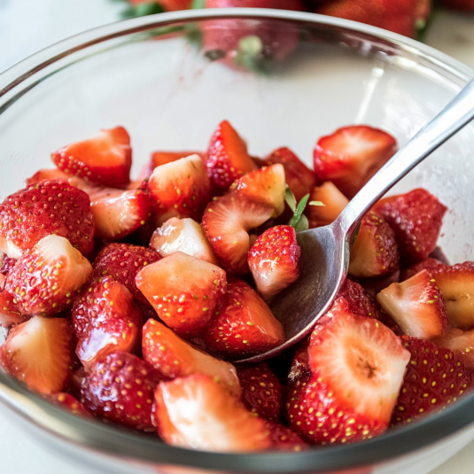 Macerated strawberries in a glass bowl