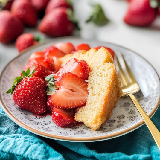 A slice of sponge cake topped with fresh macerated strawberries on a decorative plate.