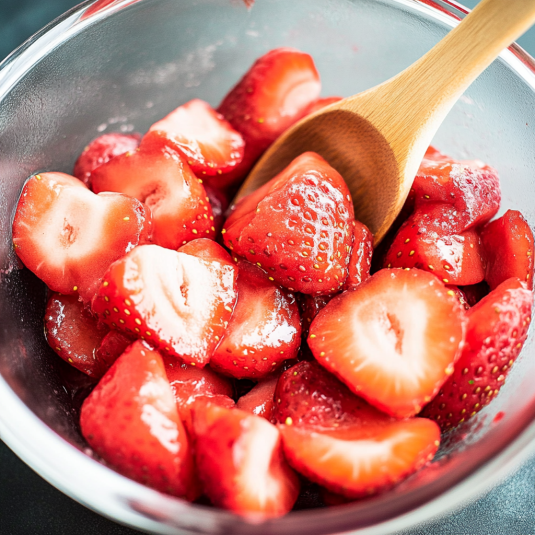Macerated strawberries in a glass bowl with a wooden spoon