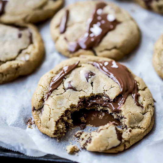 Soft Nutella cookie with a gooey melted center and a bite taken out.