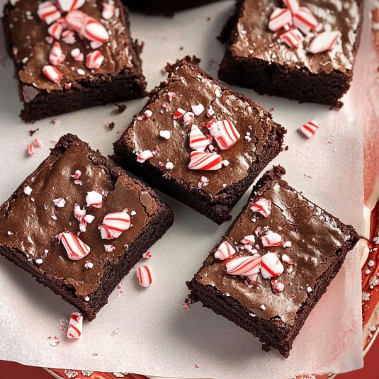 Fudgy peppermint brownies topped with crushed candy canes on parchment paper, showing rich chocolate texture and festive holiday finish.