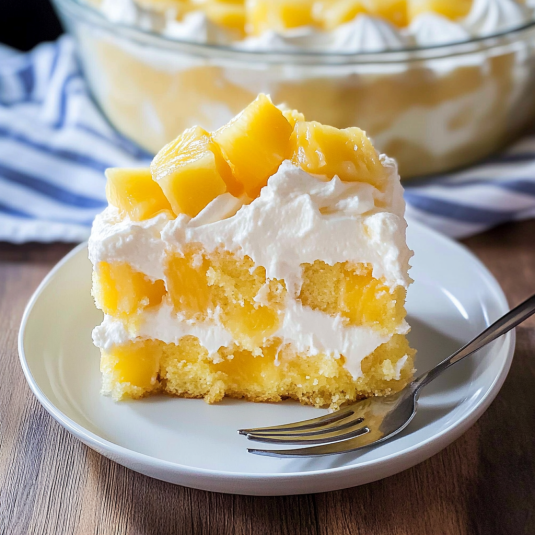 Pineapple poke cake slice with whipped cream topping and pineapple chunks