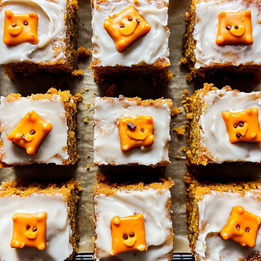 pumpkin bars topped with smooth cream cheese frosting and warm spices on a cake stand