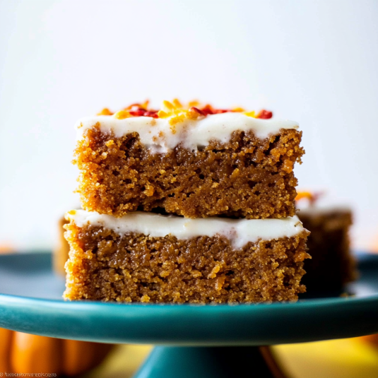 Stacked pumpkin bars topped with smooth cream cheese frosting and warm spices on a cake stand