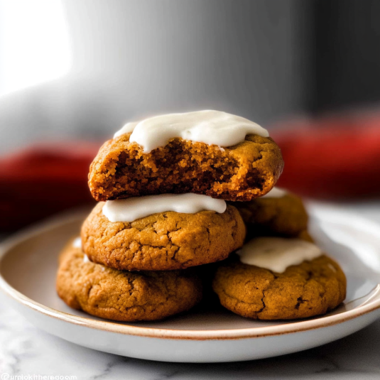 pumpkin cookies topped with sweet vanilla glaze arranged on a baking surface
