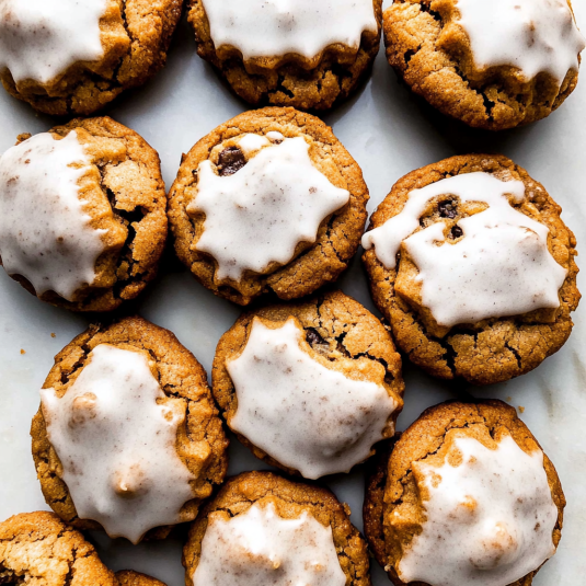 Soft pumpkin cookies topped with sweet vanilla glaze arranged on a baking surface