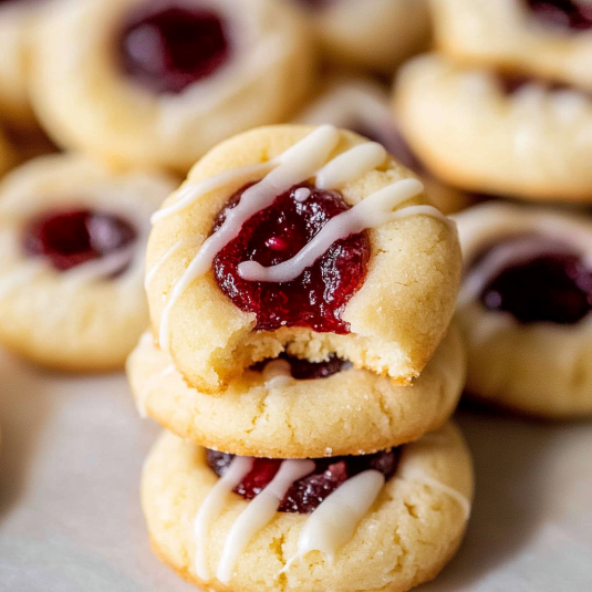 raspberry thumbprint cookies with fluted edges and glossy jam centers