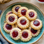 Plate of buttery raspberry thumbprint cookies with fluted edges and glossy jam centers