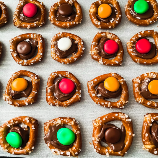 Rolo pretzels topped with melted chocolate, candy pieces, and chocolate candies