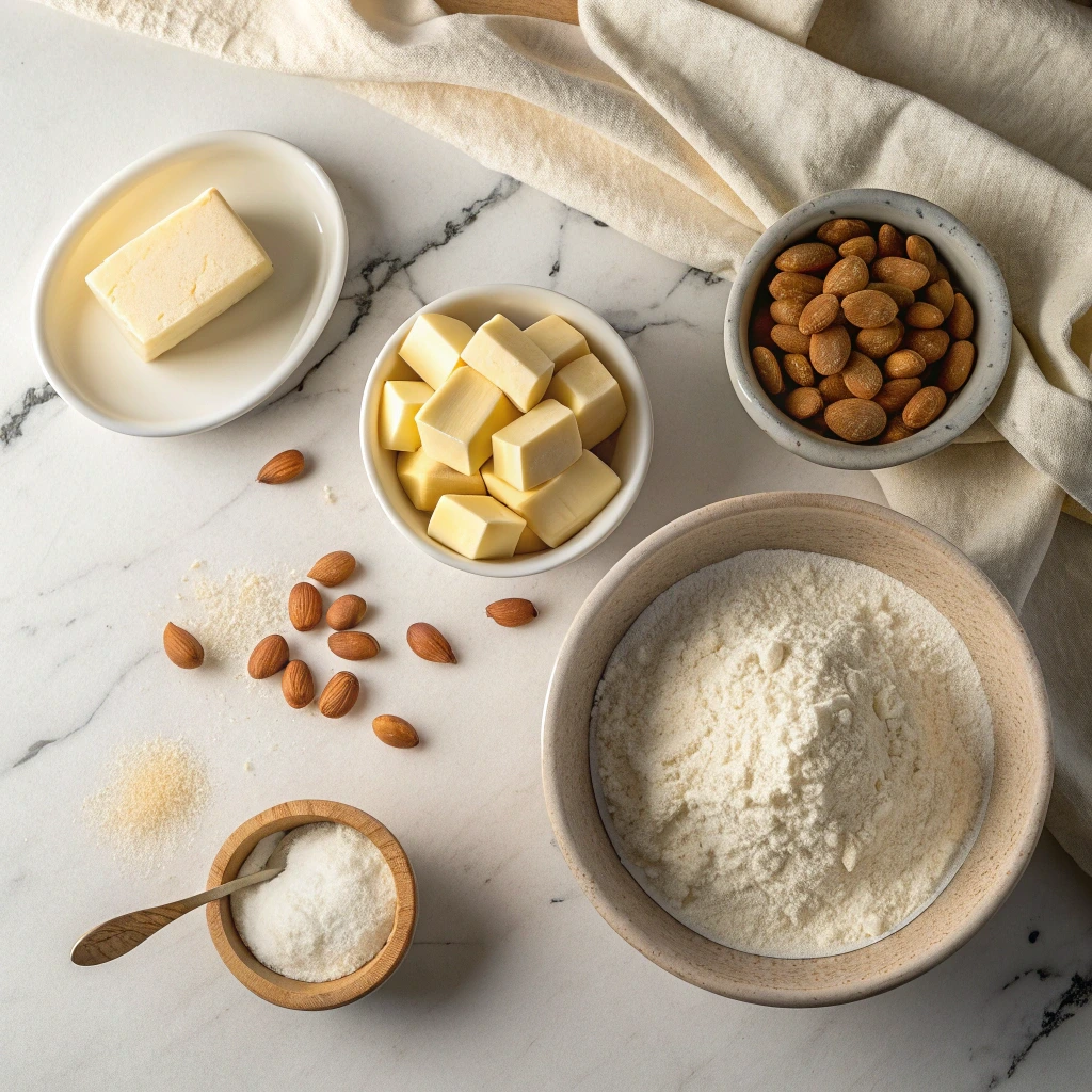 Flat lay of almond baking ingredients including butter cubes, whole almonds, flour, sugar, and salt on a marble countertop.