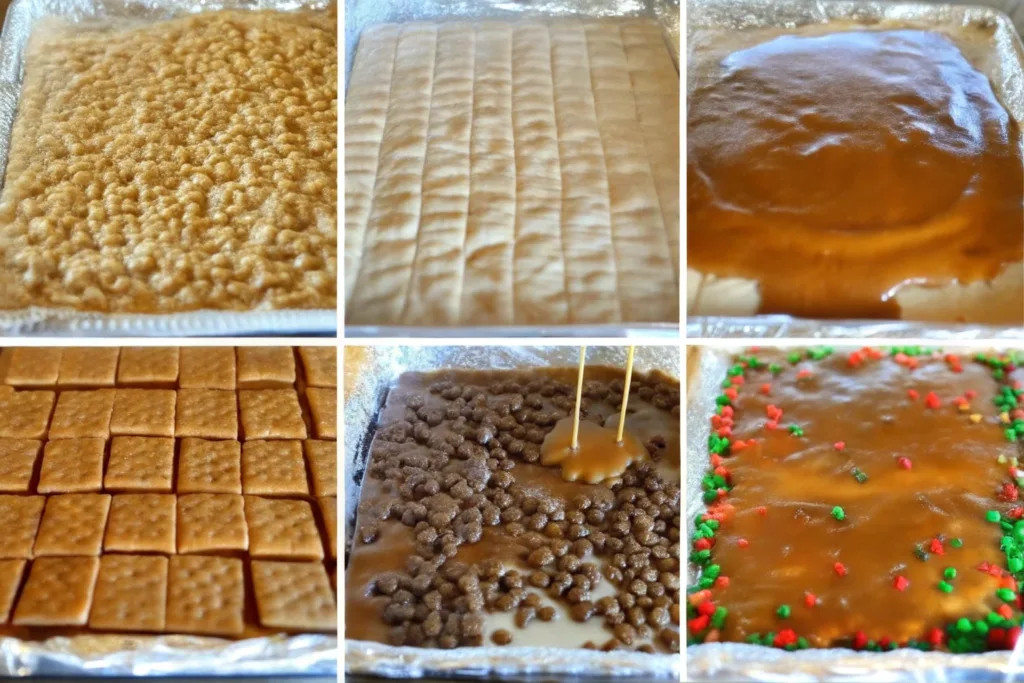 Step by step process of making Christmas Crack with saltine crackers, bubbling toffee, and chocolate topping
