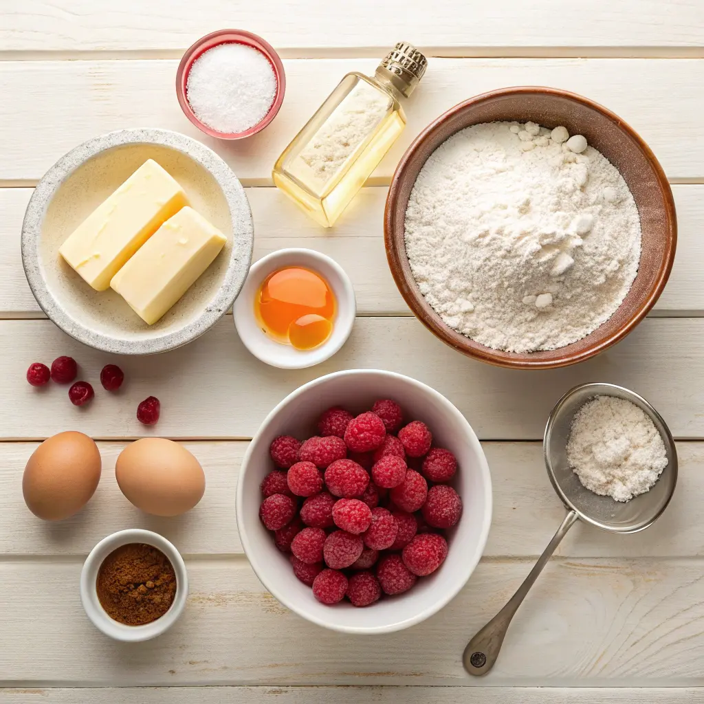 Ingredients for raspberry thumbprint cookies including butter, flour, sugar, eggs, vanilla, and fresh raspberries arranged on a light surface