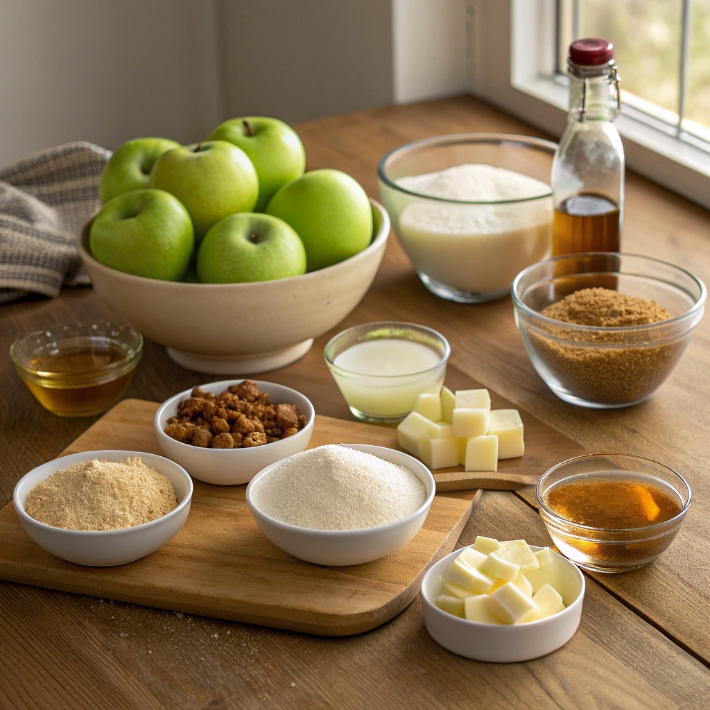 Fresh green apples with butter, sugar, flour, cinnamon, lemon juice, and vanilla prepared for making Dutch apple pie