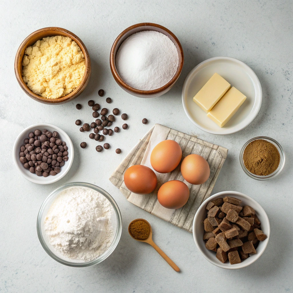 Chocolate chip cookie ingredients including flour, butter, eggs, sugar, and chocolate chips arranged on a light surface