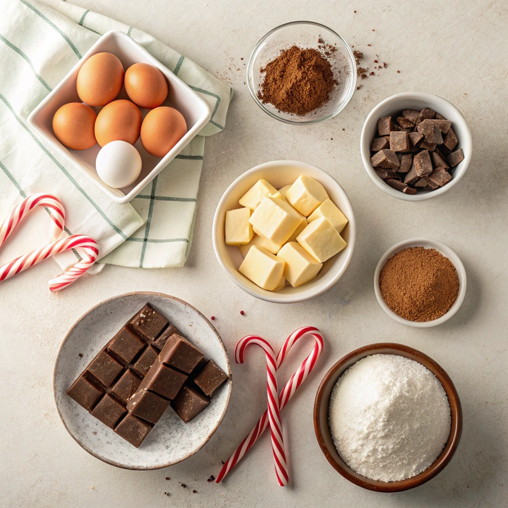 Ingredients for fudgy peppermint brownies including eggs, butter, chocolate, cocoa powder, sugar, and candy canes arranged on a light surface.