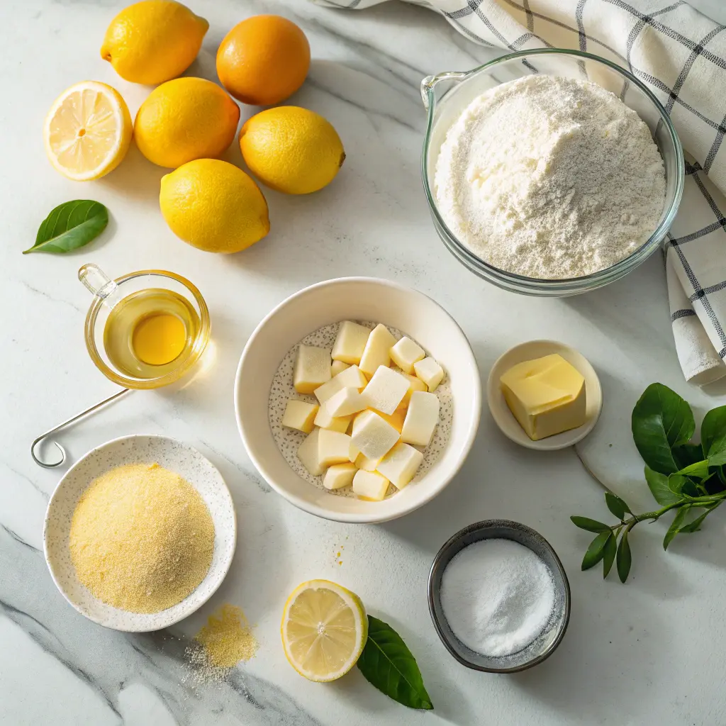 Flat lay of lemon sugar cookies ingredients including fresh lemons, butter, flour, sugar, and lemon juice on a marble surface