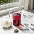 bariatric gelatin recipe including gelatin powder sugar free cranberry juice and cold water on a marble kitchen