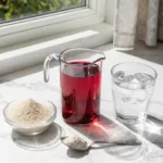bariatric gelatin recipe including gelatin powder sugar free cranberry juice and cold water on a marble kitchen