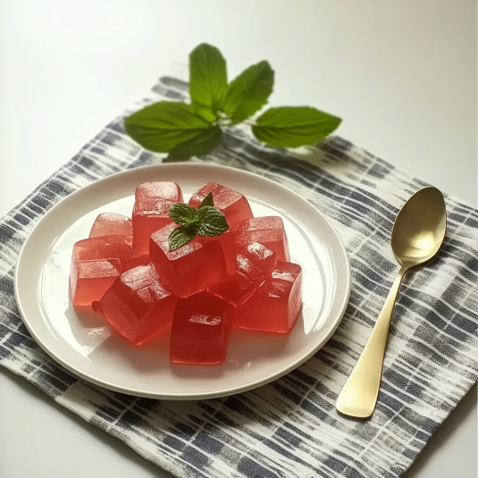 gelatin trick recipe cubes topped with fresh mint on a plate