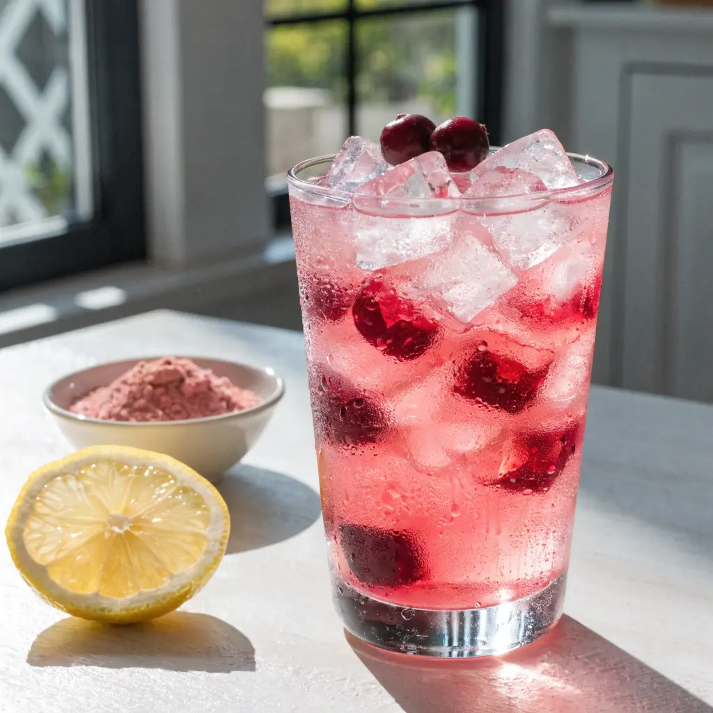 pink gelatin weight loss drink with cranberry juice lemon and gelatin powder
