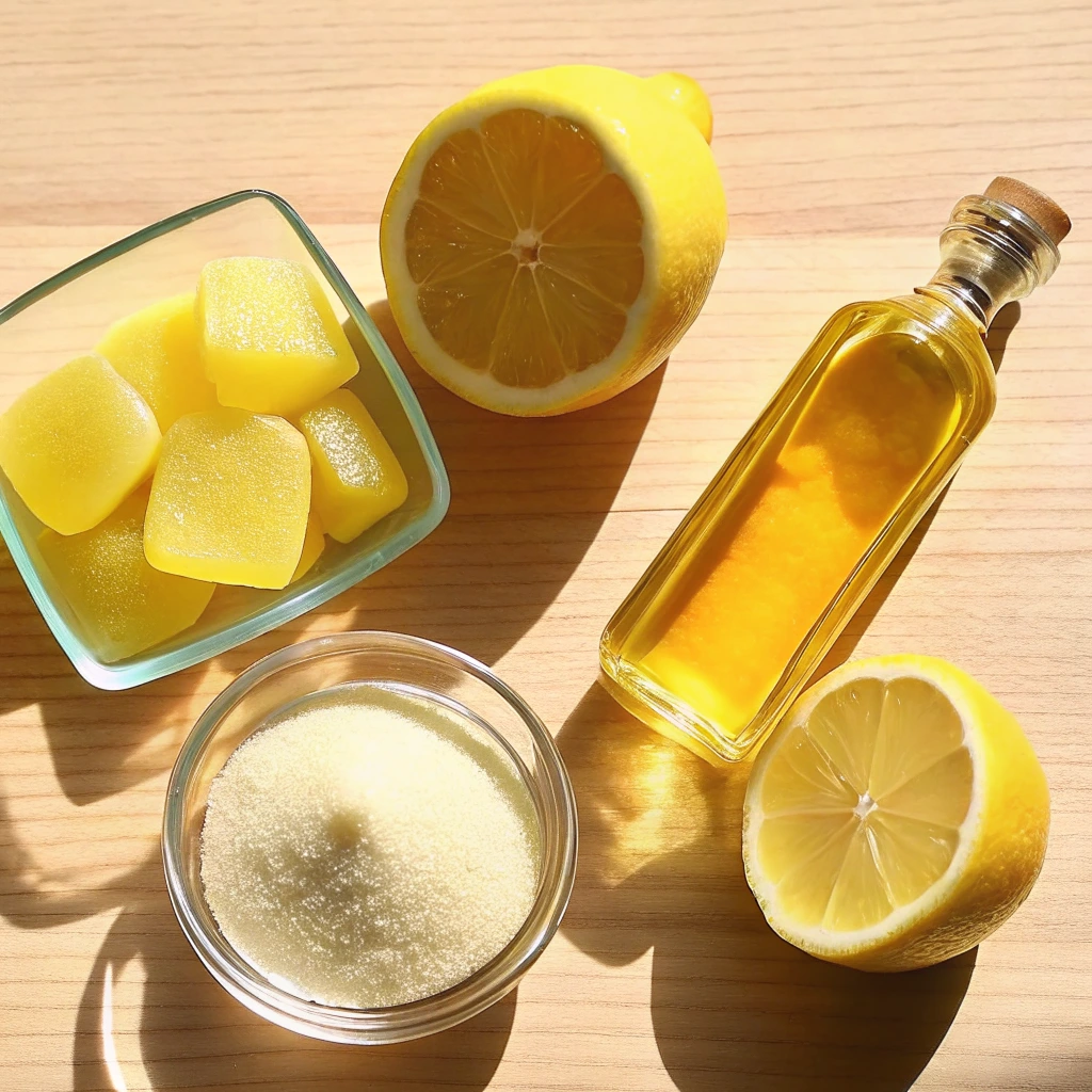 Ingredients for gelatin trick recipe with lemon, apple cider vinegar, gelatin powder, and gelatin cubes