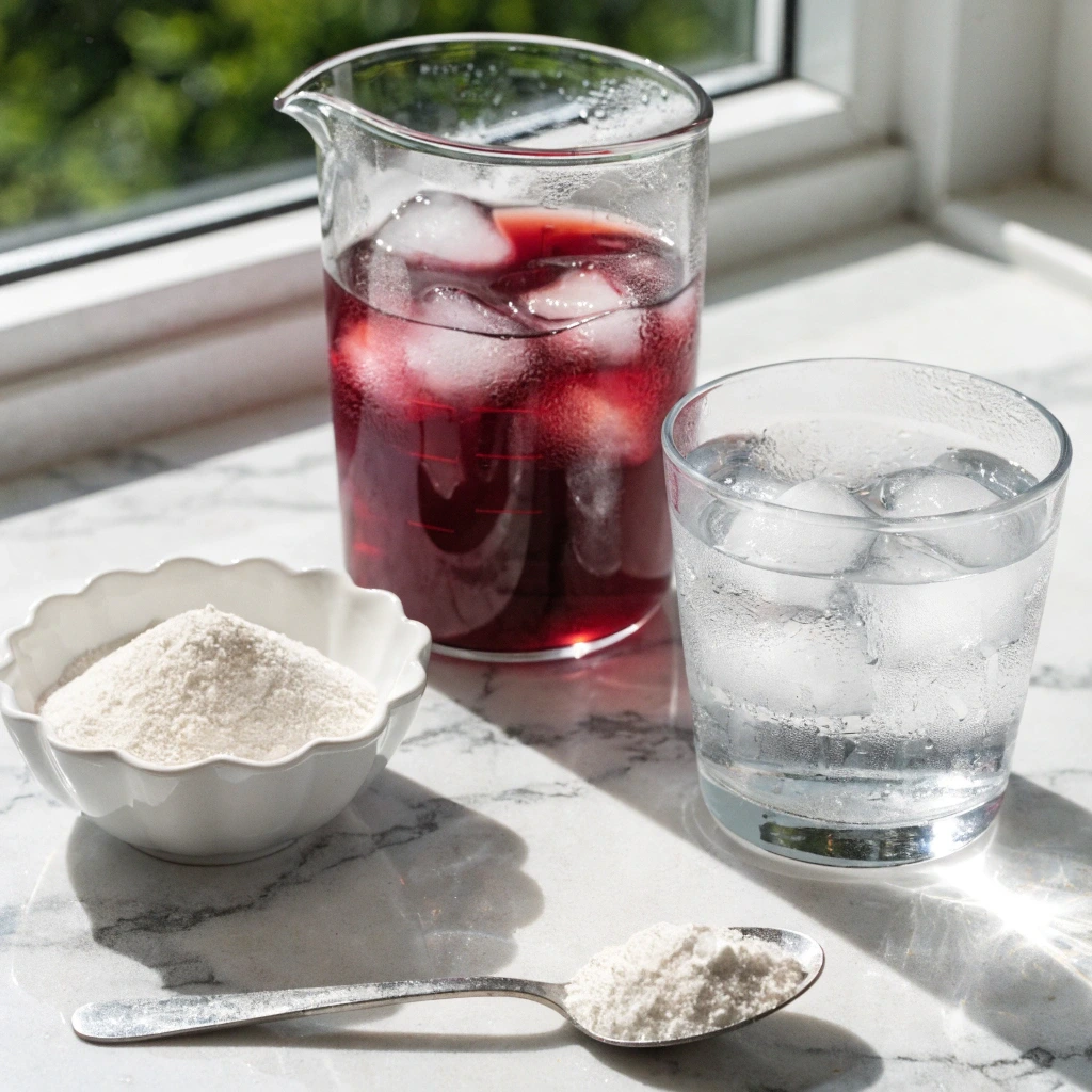 Ingredients for bariatric gelatin recipe with plain gelatin powder, sugar free cranberry juice, cold water